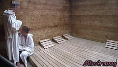 Public sauna session turns into a steamy dick flash affair