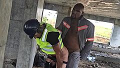 Public bareback gay sex in construction site