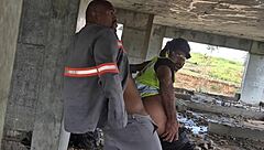 Public bareback gay sex in construction site