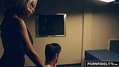 bridgette b in lingerie and stockings interrogates a big cock with her huge tits, leading to cumshot facial