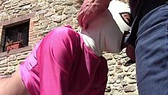 Petite latina laura gives outdoor blowjob in heels, receiving facial cumshot