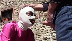 Petite latina laura gives outdoor blowjob in heels, receiving facial cumshot