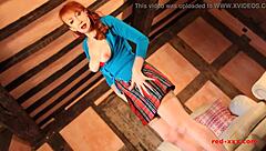 Mature British redhead fingers and toys her shaved cunt in stockings and shoes.