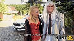 Babe gets picked up by magician in corset and stockings