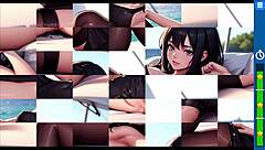 Big-boobed girls in hentai game: puzzle solving