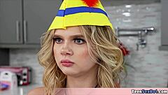 Old Man Rides Petite Blonde Sex Robot in Uniform for First Blowjob Rodeo