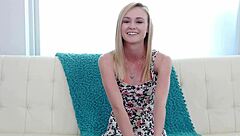 Petite blonde rides a fat dick for her first scene.