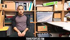 Twink caught stealing gets punished by gay security guard in the shop.