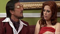 Redhead milf gets fucked hard on her couch by muscular guy