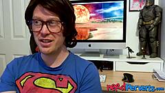 Two Lucky Nerds Get Blown by Insatiable British Slut