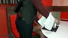 Blonde slut fucks bareback in restaurant outdoor scene