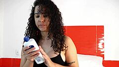 amateur slut gropes big natural tits while touching her big pussy, getting anal creampie and swallowing