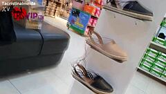 cristina almeida flashes in a shoe store, teasing the salesman with her exhibitionist style and hairy beaver