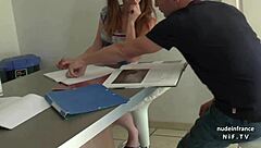 Suck my cock, teacher? Pretty French brunette student in uniform deepthroats her instructor's huge dick while nude.