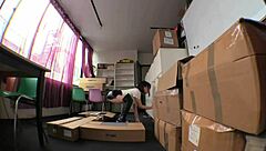 Sexy Asian in Leather Boots Dominates Boss with Ass Licking