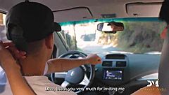 Suggestive nympho fucks lover and mechanic in public outdoor scene