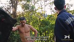 Suggestive nympho fucks lover and mechanic in public outdoor scene