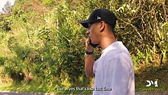 Suggestive nympho fucks lover and mechanic in public outdoor scene