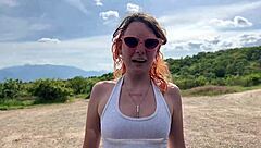 A stranger helps park the car, leading to a quick risky outdoor fuck with dirty talk