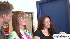 Women show their breasts and buttocks for money in a garage