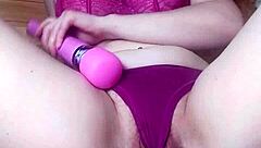 Masked blonde fingers wet pussy to explosive orgasm!