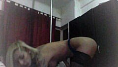 Blonde amateur strips clothes off at home in stockings