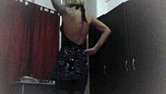 Blonde amateur strips clothes off at home in stockings