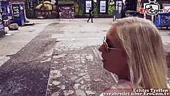Young German blonde gets her big tits pierced outdoor