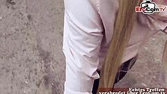 Young German blonde gets her big tits pierced outdoor