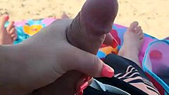 Handjob And Blowjob On Public Beach With Monster Cock