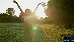 Anetta Keys strips outdoors, showing small tits and big ass