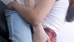 Petite teen sucks and swallows in classroom action