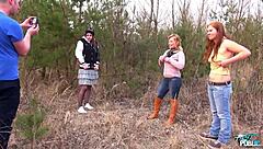 These three naughty teen 18+ chicks ride the agent outdoor until he cums on them! 😈