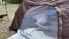 Hey, can you keep quiet? College girl sneaks tent blowjob during outdoor camp sex!