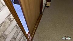 A stepson spies on his stepmom showering, leading to her sucking two cocks and a creampie