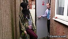 Nasty blowbang hottie gulps cum in intense bukkake facial