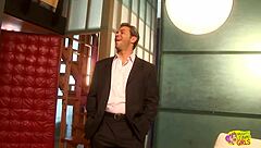 Virtual lesbians intensely eat pussy and fuck with dildo on white leather sofa.