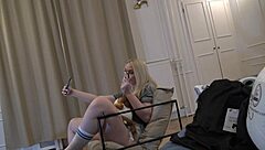 Tall blonde gets off in denim shorts during solo session
