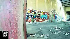 A chubby amateur couple uses a wall to have rough sex