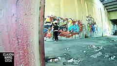 Couple fucks hard against street wall