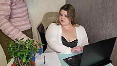 boss worships bbw's huge ass in office leggings before cumming on tits