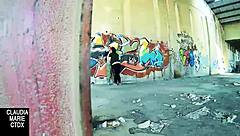 Couple fucks hard against street wall