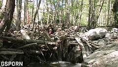 Is the sexy natural 18 yo girl masturbating her wet hairy pussy in the forest?