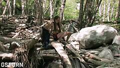 Is the sexy natural 18 yo girl masturbating her wet hairy pussy in the forest?