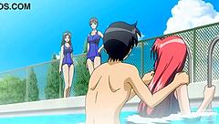 Hentai stepsiblings nearly caught banging by pool