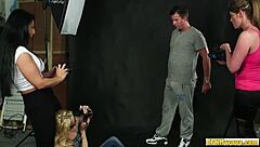 European babes tug cocks in cfnm humiliation group session