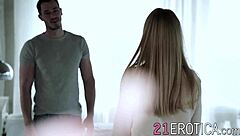 Blonde babe seduces guy with sensual foreplay