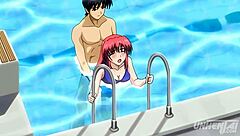 Hentai stepsiblings nearly caught banging by pool