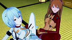 asuka and rei synchronize their tight juicy pussies in evangelion hentai