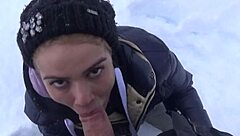 Hot student sucks professor's big dick after ski lesson and swallows cum